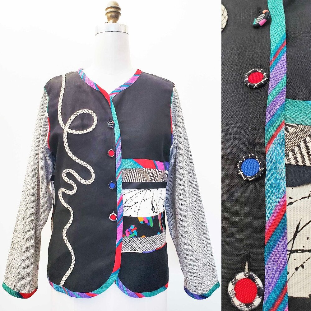 Vintage 80s Lynn Murray Womens Boxy Linen Jacket Womens S Artsy Mixed Media